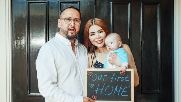 A family standing in front of their new home with a mortgage document