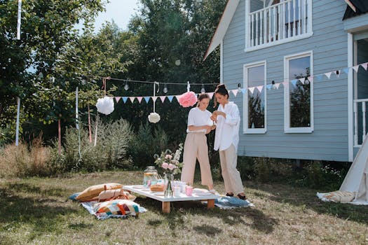 Manufactured home with a family enjoying the backyard